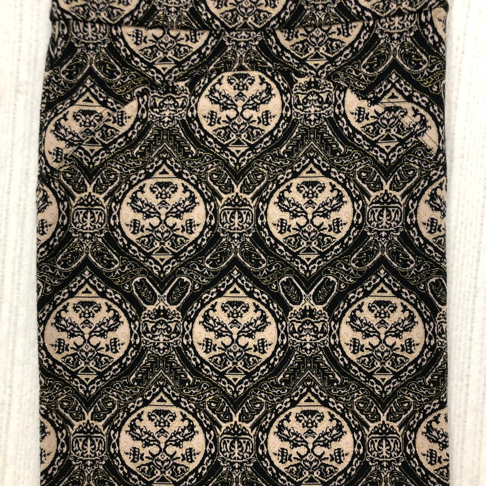 Juicy‎ Couture Black Tan Gold Metallic Damask Knit Pencil Skirt Size 2